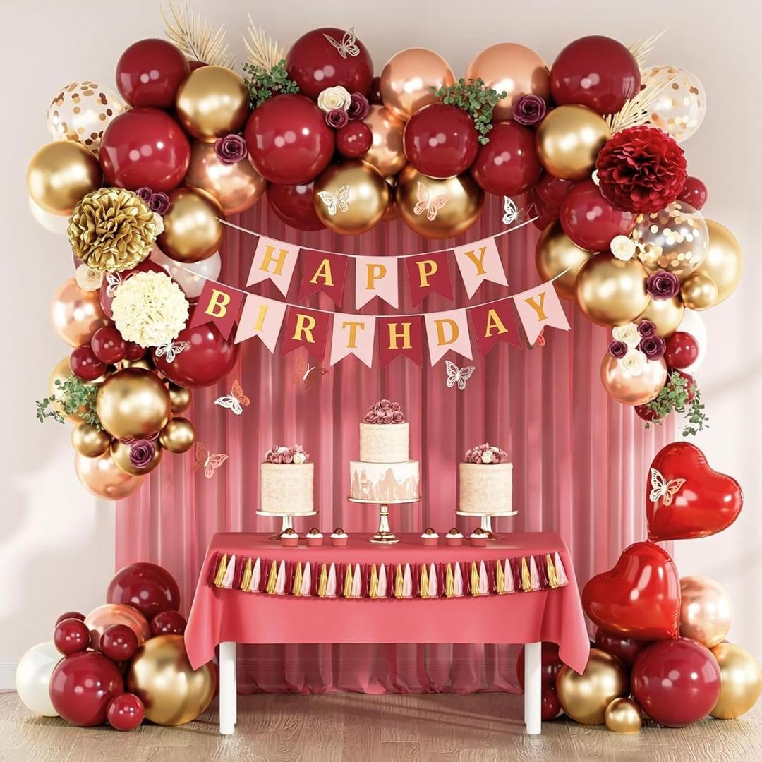 Burgundy Birthday Party Decorations with Happy Birthday Banner Tissue Tassels Paper Pompoms Butterfly Decorations Foil Balloons Happy Birthday Decorations for Women Adults