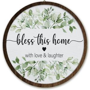 BIWSHA Sage Green Bless This Home Sign Wall Art Decor, Christian Prayer Eucalyptus Round Wooden Wall Hanging Room Door Decor Gifts for Women Bedroom Living Room Home, 10 Inch Diameter