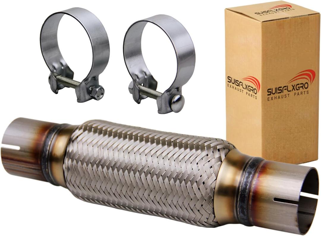 Exhaust Flex Pipe Universal Type 100% Stainless Steel For Heavy Duty and Cars (1 PC, 2.25X8X12 Clamps)