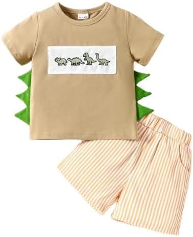 Toddler Baby Boy Clothes Dinosaur Embroidered Print Short Sleeve T-Shirt Elastic Striped Shorts Set 2 Piece Summer Outfits, Size 12-18M