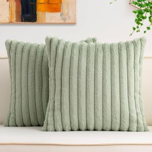 Aegero Pack of 2 Faux Fur Fall Throw Pillow Covers 16x16 Inch, Soft Plush Striped Neutral Couch Pillow Cover, with Velvet Back Modern Home Decor for Sofa Living Room Couch Bed Sage Green