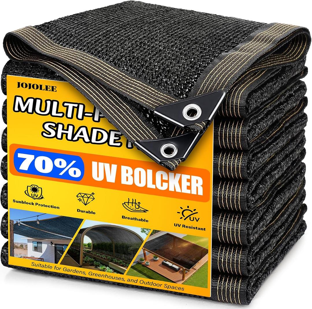 JOJOLEE 70% Sun Shade Cloth, 10x20FT Shade Net Mesh Tarp with Grommets, Black Sunblock Cover for Outdoor Patio Plants, Pergola, Greenhouse, Chicken Coop, Backyard, Balcony