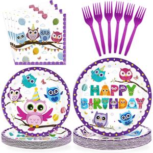 96 Pcs Owl Birthday Party Supplies Cute Cartoon Owl Paper Plates and Napkins Disposable Animal Owl Theme Tableware Set Owl Birthday Party Decorations for Kids Boys Girls Birthday Baby Shower Serves 24