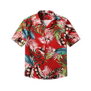 Boys Hawaiian Shirt Short Sleeve Cotton Button Down Shirt, Kid Teen 10-11T (Red)