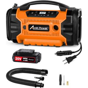 AVID POWER Tire Inflator Air compressor Portable w/ 3 Power Source (110V AC, 12V DC, 20V Battery), Car Tire Pump w/Inflation & Deflation Modes, Dual Powerful Motors (Orange)