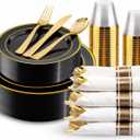 175PCS Black and Gold Plates - Black Disposable Plates for Party - 25Guests Disposable Dinnerware Set for Graduation Wedding Party Birthday