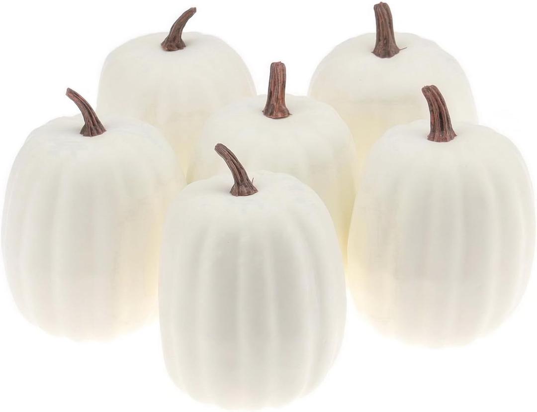 Woration High-Grade Fake Pumpkins Sets Artificial Milk White Pumpkin Decoration for Fall Harvest Halloween Thanksgiving Party Decorating - 6 pcs
