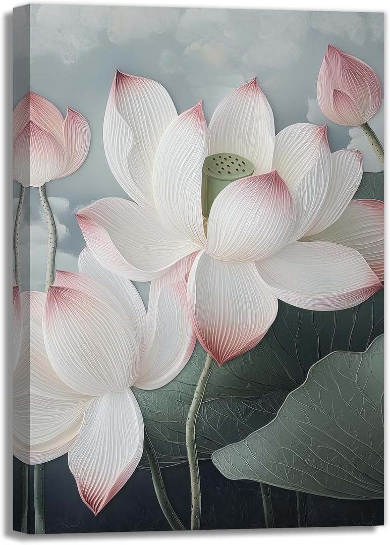 Lotus Canvas Wall Art White Pink Lotus Flower Picture Print Zen Wall Decor Spa Painting Spiritual Artwork For Meditation Room Decor Framed(Artwork-2,16"x24")