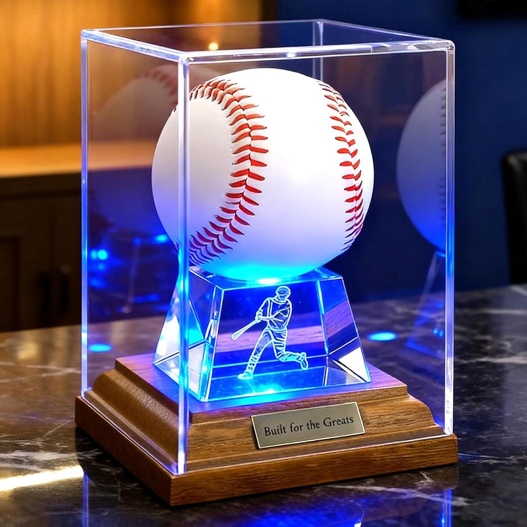 Baseball Display Case, Baseball Display Stand with LED Lights , Wooden Stand and a Bronze Medal,Cube Baseball Holder Display case, Acrylic Clear Ball Protector for Memorabilia Baseball Gifts
