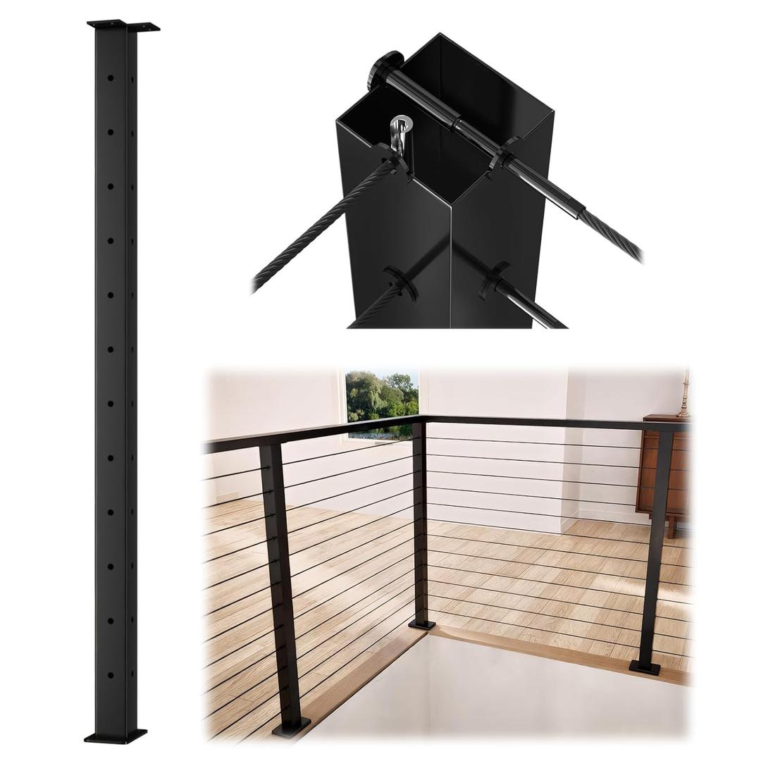 Muzata Black Corner Cable Railing Post 42 Inch 42"x2"x2" T-drilled One-Post Corner Solution Surface Mount Stainless Steel Cable Railing System Kit Indoor Outdoor with Paper User Guide PS02 B34L