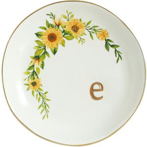 COLLECTIVE HOME - Ceramic Jewelry Tray, Trinket Dish for Rings Earrings Necklaces Bracelet Watch Keys, Birthday Mother's Day Christmas Gift for Women, 4.75", White Surface wirh Sunflowers (e)