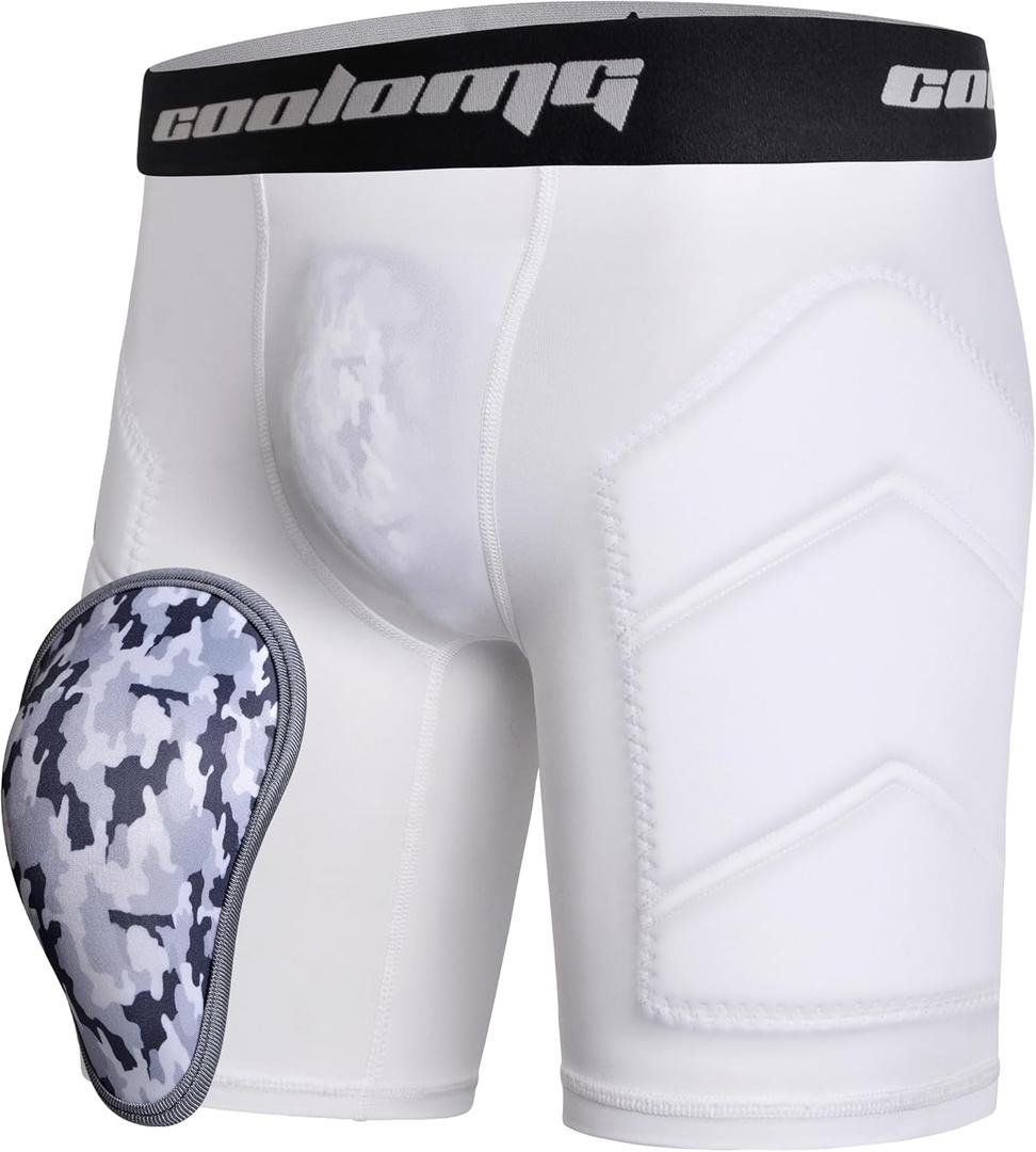 COOLOMG Youth Boys Baseball Sliding Shorts with Soft Athletic Cup Padded Compression Shorts for Football Lacrosse (Large, White)