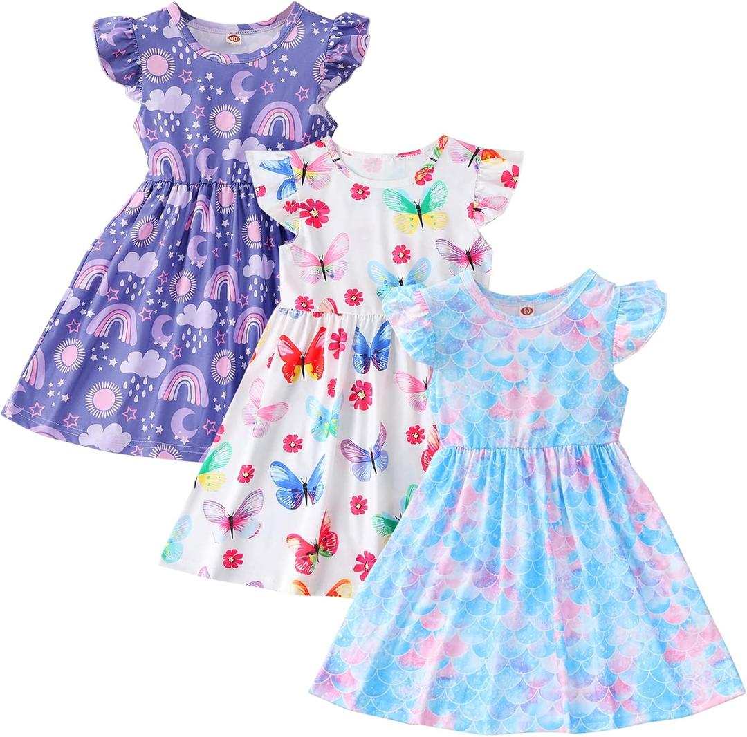 Toddler Little Girls Casual Dresses Short Sleeve Crew Neck Graphic Cartoon Dress for 2-8 Years (4-5T, Butterfly Rainbow)