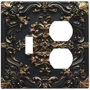 Wuyocha Decorative Light Switch Cover Plate Black Gold Rococo Floral Vintage Baroque 2 Gang Outlet Covers 1 Toggle 1 Duplex Wall Plate Decorate Electrical Switch Plate Covers for Kids Room Nursery