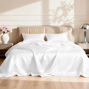 Love's cabin Satin Queen Sheets Set - 4 Piece White Silky Bed Sheets with Deep Pocket, Luxury Silk Feel Satin Queen Size Sheet Set (1 Flat Sheet,1 Fitted Sheet,2 Pillow Cases, White)