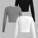 RoseSeek Girl's Long Sleeve Shirts Crew Nekc Slim Fitted Tight Fall Basic Tees Cute Crop Tops for Girls (Black and White)