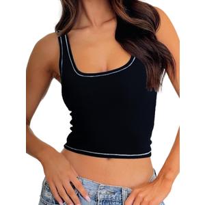 Danysu Women Rib Tank Top Padded Workout Top Square Neck Crop Tank Fitted Basic Cami Tops (Small, Black)