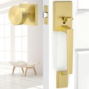 Gold Front Entry Door Handle No Lock, Exterior with Interior Reversible Handed, Single Cylinder Front Door Handle, Zinc Alloy, Satin Brass