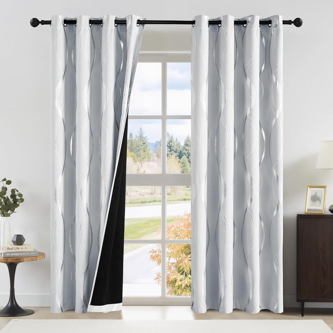 NICETOWN 100% Blackout Curtains for Living Room - Easy Care Solid Thermal Insulated Grommet Room Darkening Curtains/Panels/Drapes for Bedroom Decoration (2 Panels, 52 by 84, Greyish White)