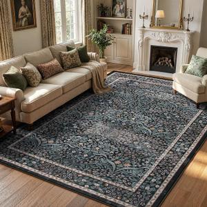 Lahome Floral Area Rugs 5x7, Soft Washable Rugs for Living Room Bedroom, Boho Non Slip Low Pile Forest Design Large Throw Carpet for Farmhouse Dining Room Office Giverny, Black