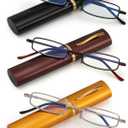 SOPHILY 3 Pack Slim Pocket Reading Glasses for Men Women Blue Light Blocking Compact Readers Spring Hinge Metal Frame, Yellow Black Grey Eyeglasses with Portable Pen Clip Tube Case, 1.25 