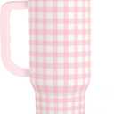 SANDJEST Pink Gingham 40oz Slider Tumbler with Handle and Straw - Insulated Stainless Steel Travel Coffee Mug for Women Girls, Gift for Birthday, Christmas