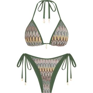 ZAFUL Women's Colorblock Stripes Triangle Halter Tied Cheeky Thong Bikini Set High Cut Two Piece Bathing Suit (Medium, 2-forest Green)