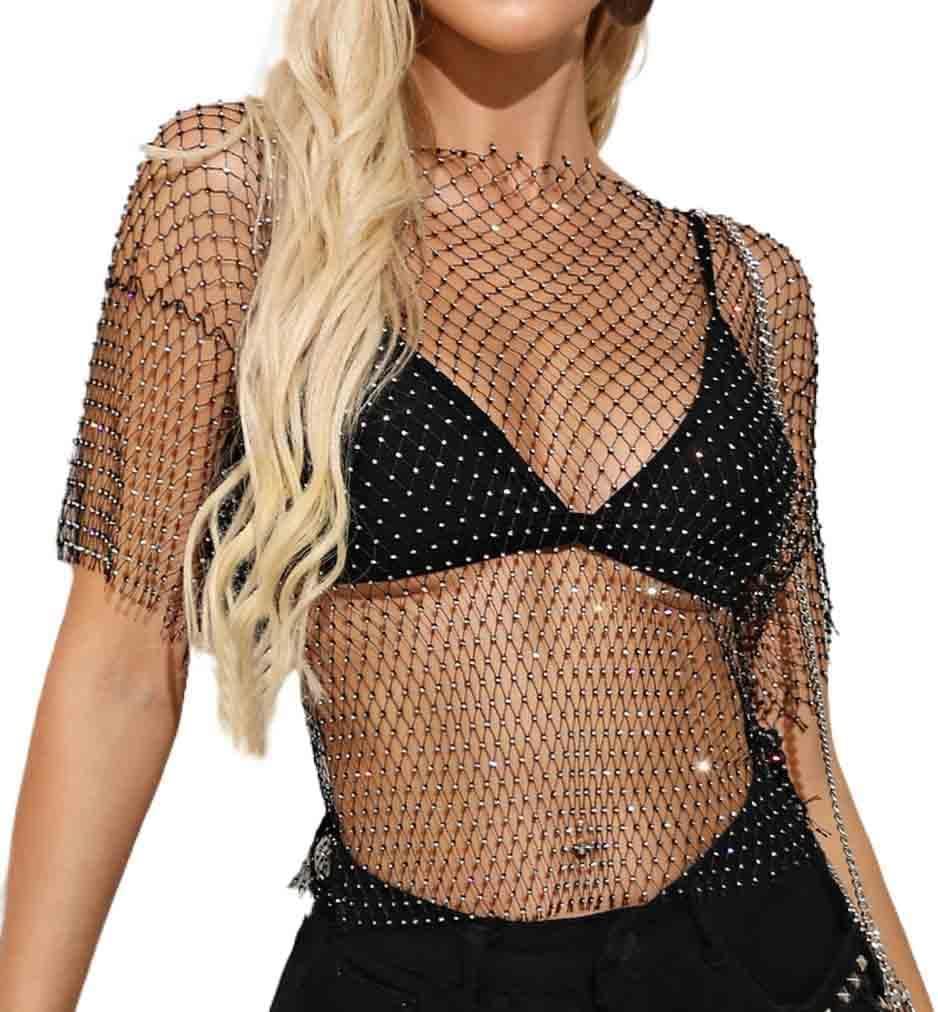 Formery Mesh Rhinestone Cover Ups Black Crewneck See Through Coverup Top Music Festival Party Cover Ups Body Chain for Women (Large)