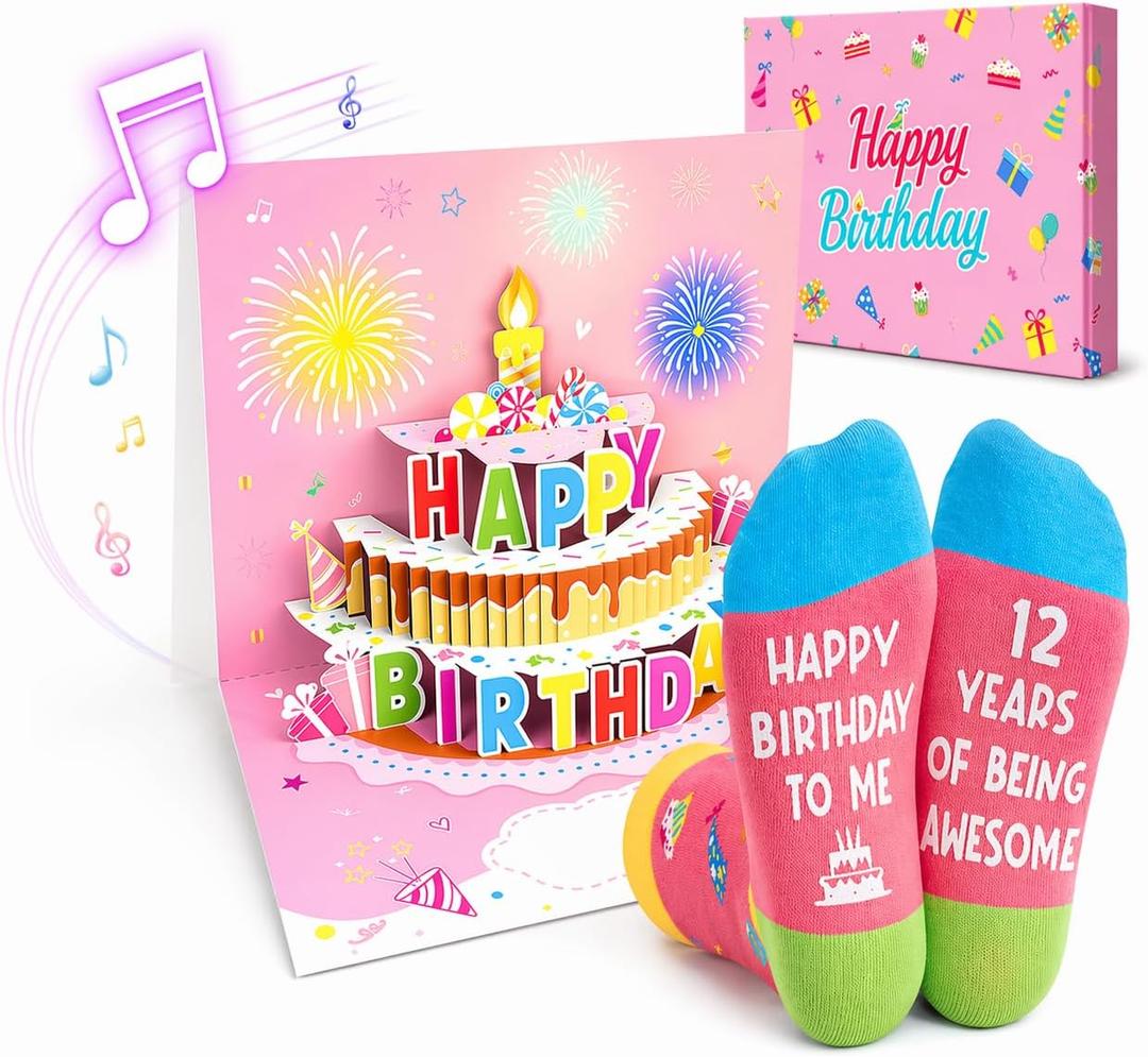 HAPPYPOP Birthday Gift Box - 8-12 Year Old Preteen Birthday Socks, 3D Musical Greeting Card
