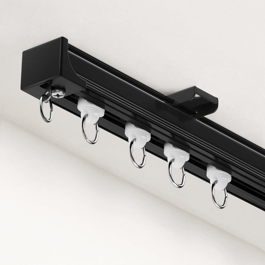 Ceiling Curtain Track Heavy Duty Tracks Ceiling/Wall Mount Sliding Room Divider Silent Rail with 3 Types of Hooks for Living Room, Bedroom, Black 6 ft to 9 ft
