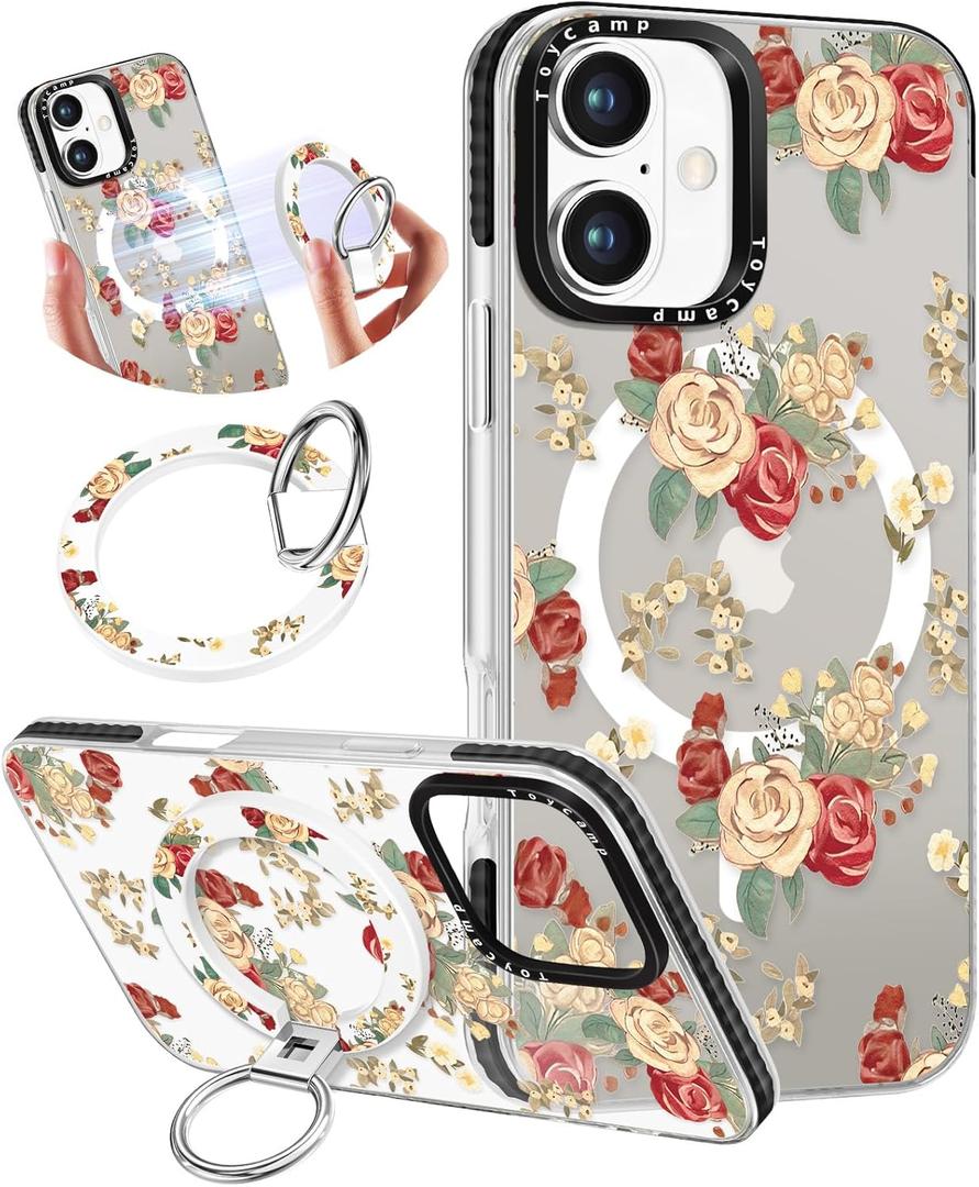 Toycamp for iPhone 16 Plus Case Compatible with Magsafe - Cute Design 360 Magnetic Ring Holder Stand Kickstand Funny Watercolor Flower Girly Pretty Fashion TPU Phone Covers for Women Tenn Girls