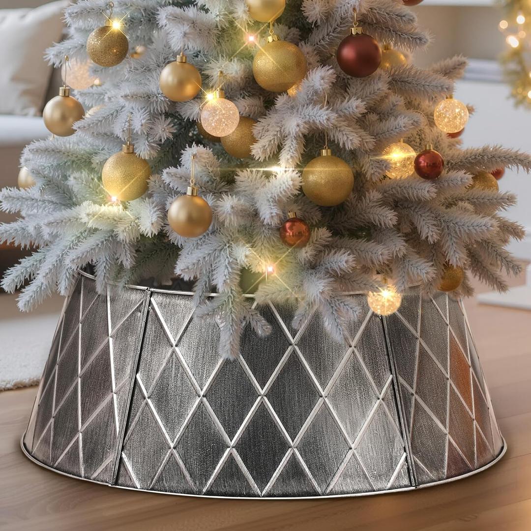 Lanpn Metal Christmas Tree Collar 24 Inch, Christmas Tree Ring Collar for Small Mini Pencil Xmas Stand Cover Real Artificial Trees Indoor Outdoor Decoration (Silver, Diamond)