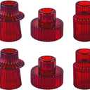 Double Sided Vintage Ribbed Taper Glass Candle Holders,Tea Candle Holder for Table Centerpieces, Wedding Decorations and Dinner Parties (Red, 6 PCS)