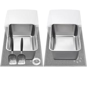 2 PCS Stainless Steel Cat Litter Box, Extra Large Metal Litter Box with Plastic Shields, Kitty Basic Litter Pan 23.6''*15.8'' with Metal Litter Scoopers, Litter Mat
