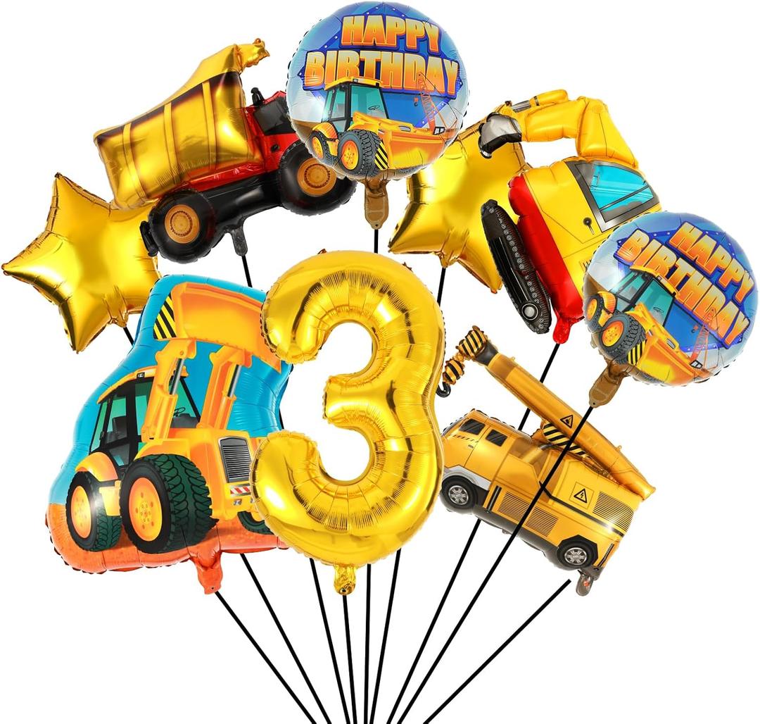 9 Pcs Construction Party Decorations Construction Birthday Party Supplies Large Gold Excavator Crane Truck Tractor Themed Balloons 3rd Birthday Decorations for Boys