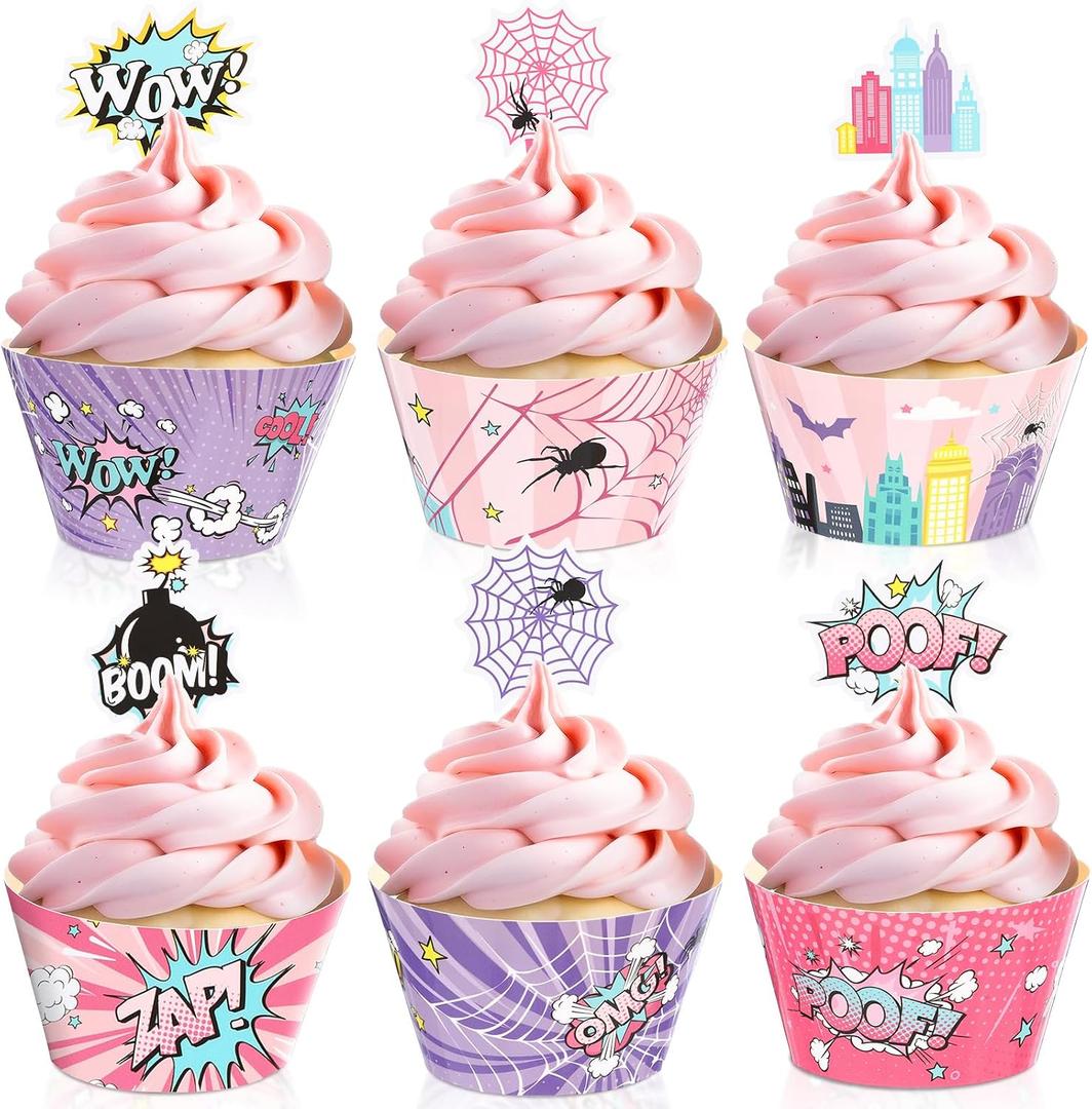 Pajean 60 Pieces Pink Spider Cupcake Toppers and Wrappers, Hero Cupcake Decorations for Girl Birthday Baby Shower Party Decorations Supplies