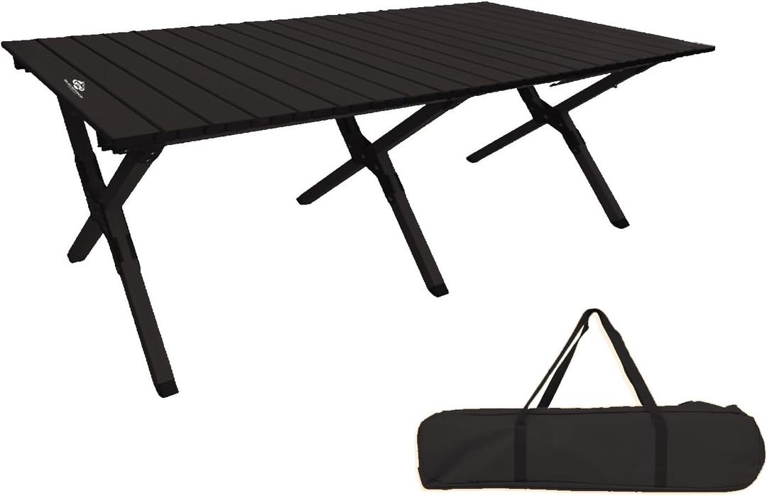 Folding Camping Table, Roll-Up Folding Table with Carry Bag, Portable Aluminum Picnic Table, Low Height Beach Table for Outdoor Use, Travel, BBQ & Hiking, Easy Assembly (Black)