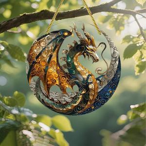 Colorful Acrylic Suncatcher, Ornate Dragon Circular Design 7-inch Hanging Window Wall Art Decor with Printed Stained Glass Style Design, Gift Idea & Garden Ornament Indoor Outdoor Use