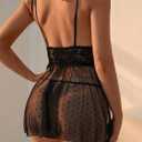 OYOANGLE Women's 2 Piece Polka Dots Lace Sheer Mesh V Neck Babydoll Teddy Lingerie Set (Black, XL)