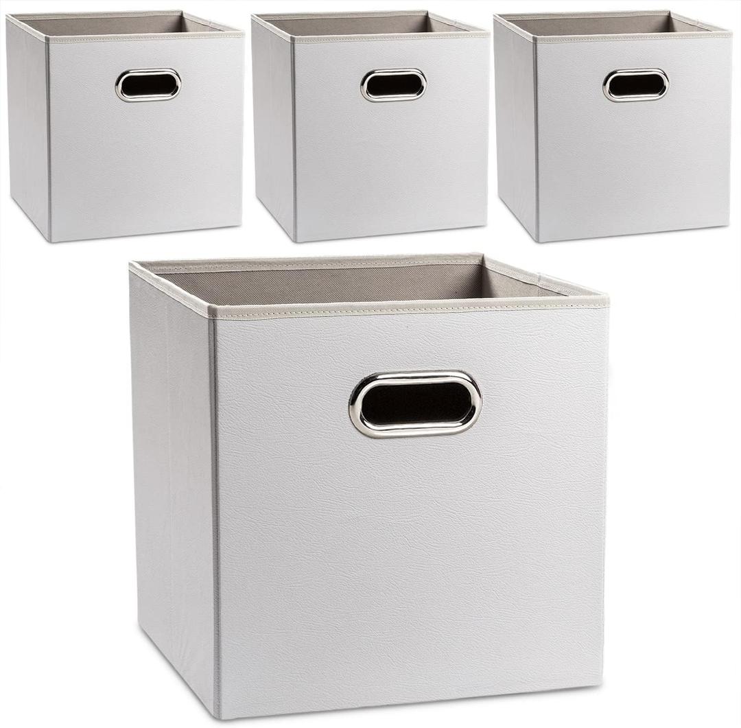 PRANDOM Leather Foldable Cube Storage Bins 13x13 inch [4-Pack] Fabric Storage Baskets Cubes Drawer with Cotton Handles Organizer for Shelves Nursery Closet Bedroom Clothes Cream