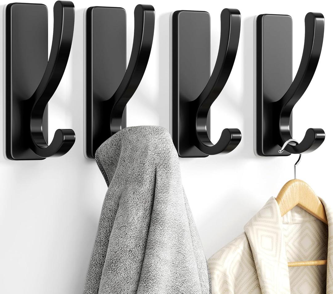 pickpiff Adhesive Wall Hooks for Towels - Sticky Hook Hanging Heavy Duty (13lb), Hanger for Door, Bathroom, Dorm, Closet - for Coats, Purse, Bag, Robe - No Damage to Wall - Black 4 Pack