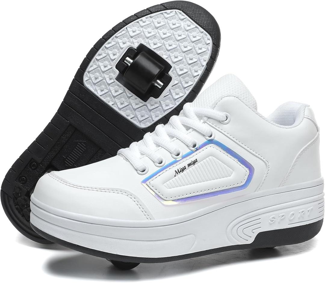 Wooowyet Roller Skate Shoes for Kids Boys Girls Rechargealbe Wheels Sneakers Fashion Roller Wheeled (5 Big Kid, White)