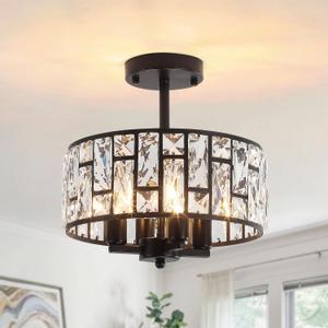 11.22 Crystal Ceiling Light Fixture, Black Semi Flush Mount Ceiling Light, 4-Light Modern Ceiling Light for Hallway Entryway Kitchen Bedroom Bathroom