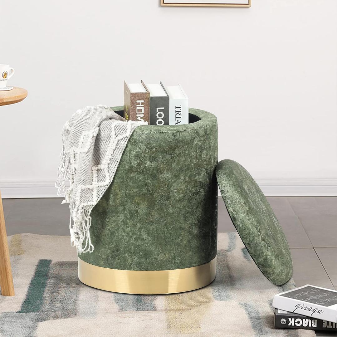 Joveco Round Storage Ottoman with Removable Lid, Upholstered Padded Vanity Stool Footrest with Gold Plating Base, Great for Living Room Bedroom Makeup Room (Green)