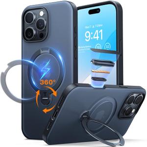 TORRAS Upgraded 360 Spin Magnetic Stand for iPhone 16 Pro Case, Fit for MagSafe, Built-in Kickstand, Camera Control, Mil-Grade Protective Soft Edge Translucent Case for iPhone 16 Pro, Black 6.3''
