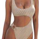 SUUKSESS Women Sexy One Piece Tummy Control Swimsuit Cutout Backless Bathing Suit (Medium, Ivory Geo)