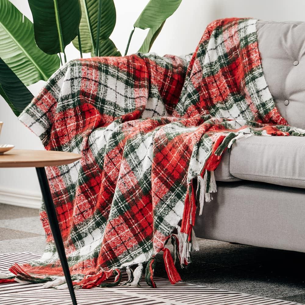 G Lake Christmas Plaid Throw Blanket Green Red Super Soft Faux Cashmere Blankets with Tassels for Couch Sofa Halloween Home Decor 50" x 60" (Xmas)