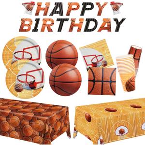 Gatherfun Basketball Party Supplies Kit for 24 - Basketball Party Decorations with Dinner & Dessert Plates, Napkins, Cups, Banner & Tablecloth - for Basketball Birthday & Sports Party Decorations