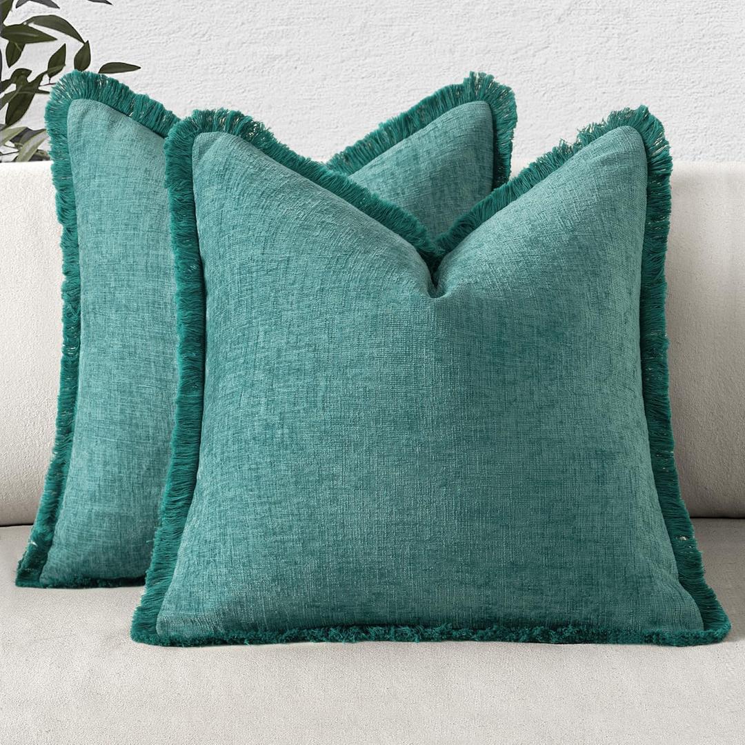 MIULEE Decorative Teal Throw Pillow Covers 20x20 Inch Set of 2 Soft Cozy Boho Farmhouse Couch Pillow Covers with Tassels Chenille Accent Pillowcases for Spring Sofa Bed Living Room Home Decor