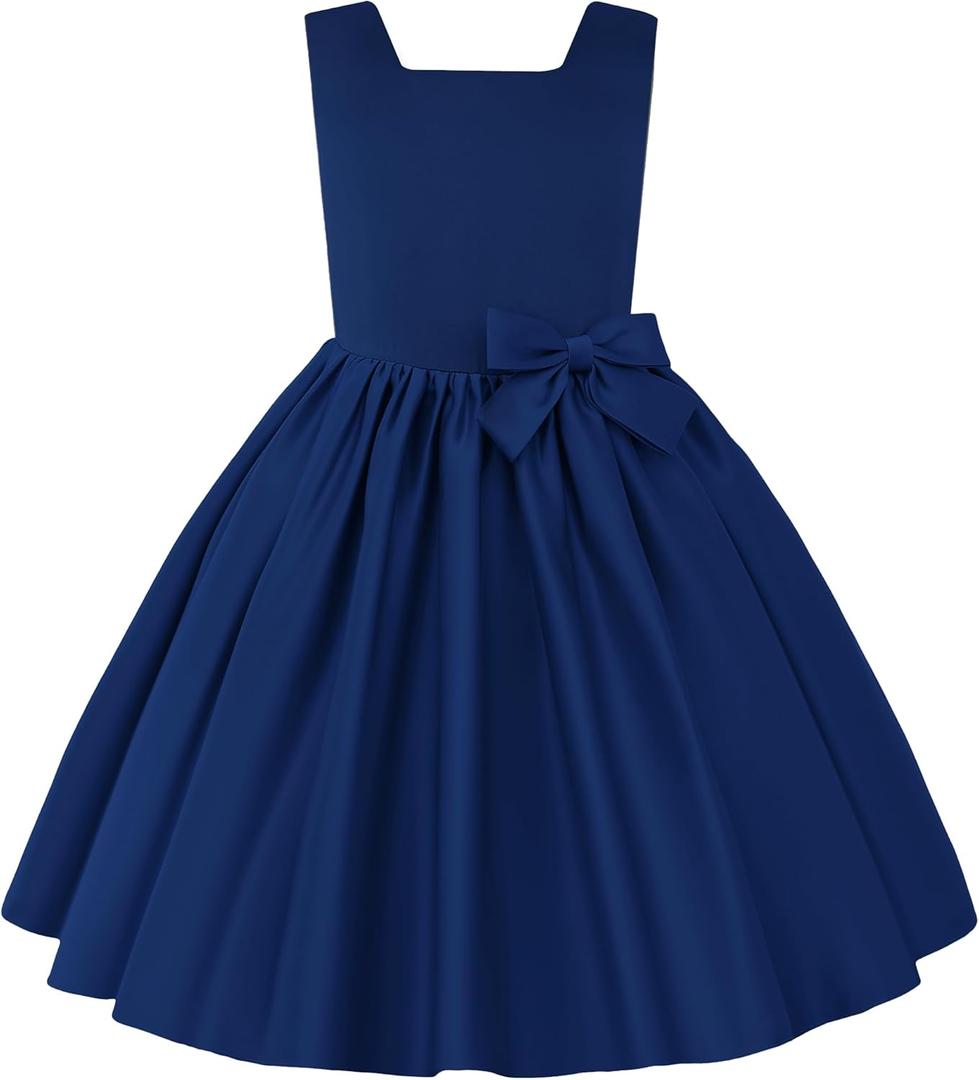 Uhnice Flower Girl Satin Dress Sleeveless Dresses with Detachable Bow for Wedding Party